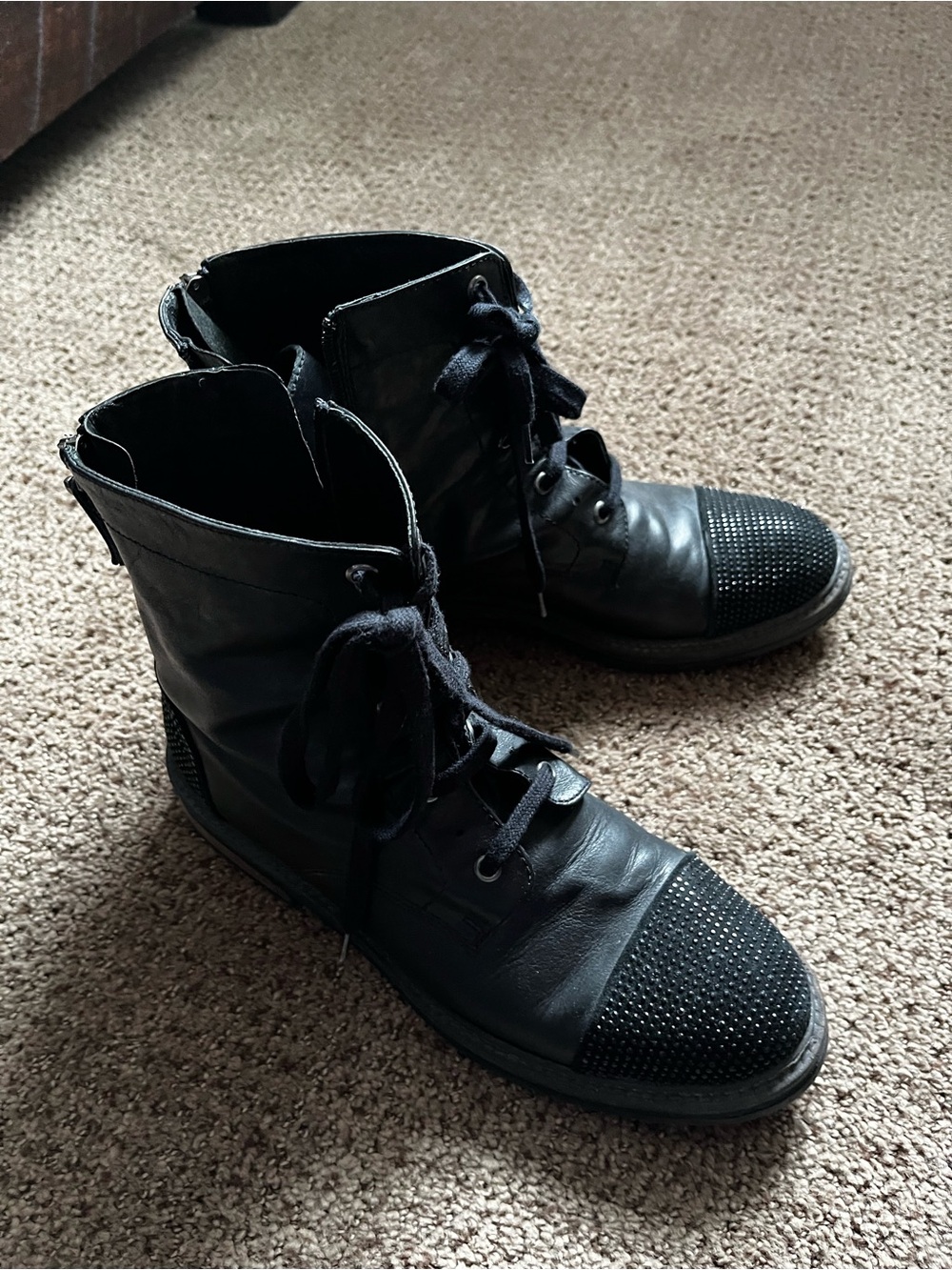 Black Studded Lace-Up Women's Ankle Boots
